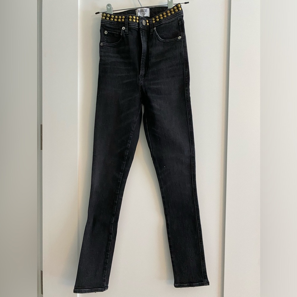AGolde Black Tapered Jeans with Brass Grommets. Size 24